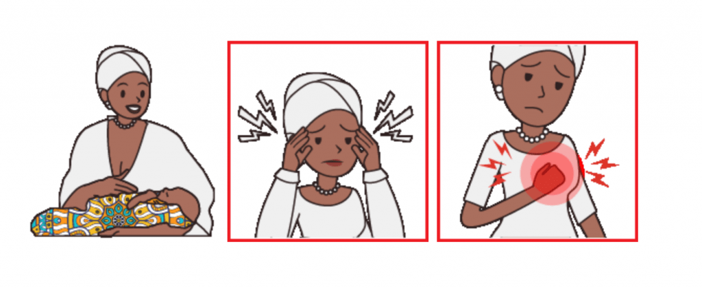 3 graphics of cartoon woman holding her baby and experiencing health  problems post-cesarean
