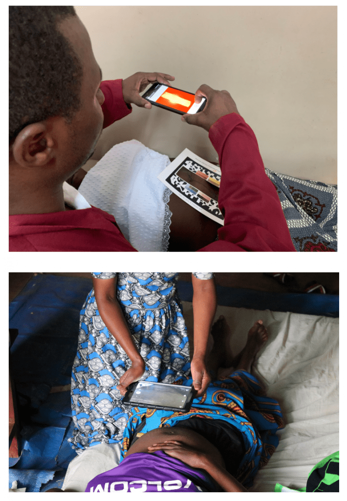 top photo: man using mobile phone to take thermal images
bottom photo: community health worker using tablet to take a picture of patient's stomach